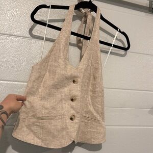 Dynamite Tan Button-Front Halter Blouse